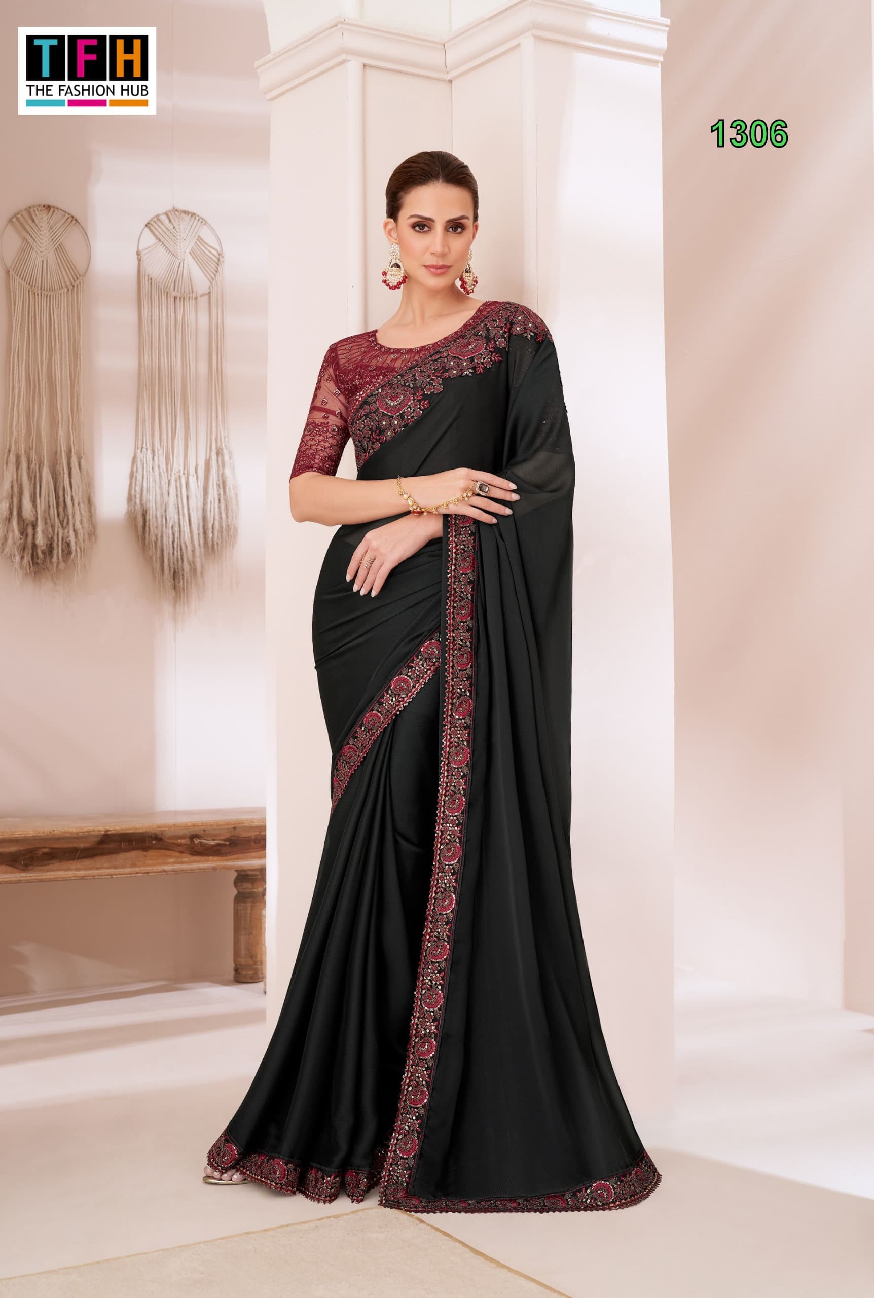 Jet Black Soft Satin Silk Saree with Deep Wine Embroidered Border and Blouse